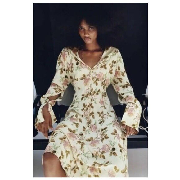 Zara Cream Floral Print Maxi Dress Women Size S Long Sleeve Romantic Flowy Boho - Picture 2 of 16